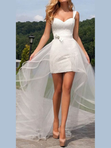 Sheath/Column Sweetheart Tulle Lace Sweep Train Wedding Dresses With Sashes / Ribbons #UKM00024386