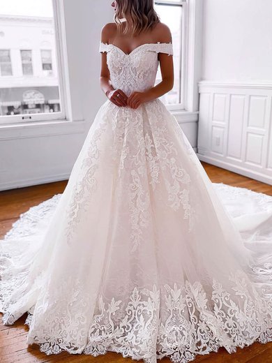Ball Gown Off-the-shoulder Tulle Court Train Beading Wedding Dresses #UKM00024388