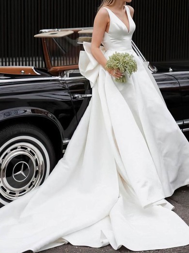 Ball Gown/Princess V-neck Satin Chapel Train Wedding Dresses With Bow #UKM00024392