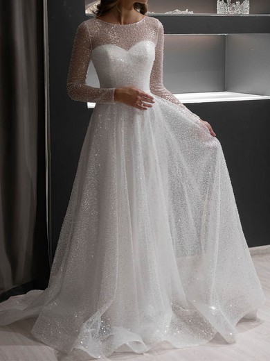 A-line Illusion Glitter Sweep Train Wedding Dresses #UKM00024395