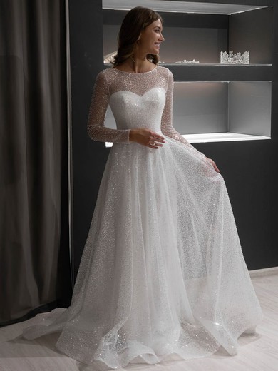 A-line Illusion Glitter Sweep Train Wedding Dresses #UKM00024395