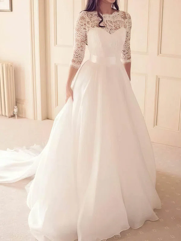 A-line Illusion Lace Chiffon Sweep Train Wedding Dresses With Sashes / Ribbons #UKM00024397