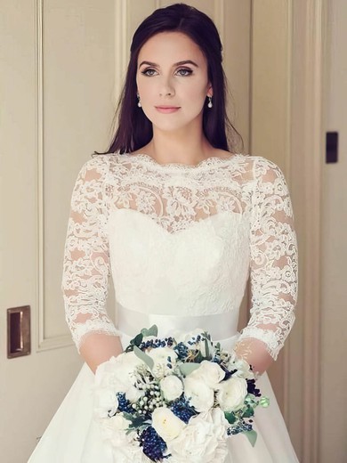 A-line Illusion Lace Chiffon Sweep Train Wedding Dresses With Sashes / Ribbons #UKM00024397
