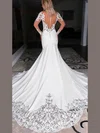 Trumpet/Mermaid Illusion Stretch Crepe Court Train Wedding Dresses With Appliques Lace #UKM00024398
