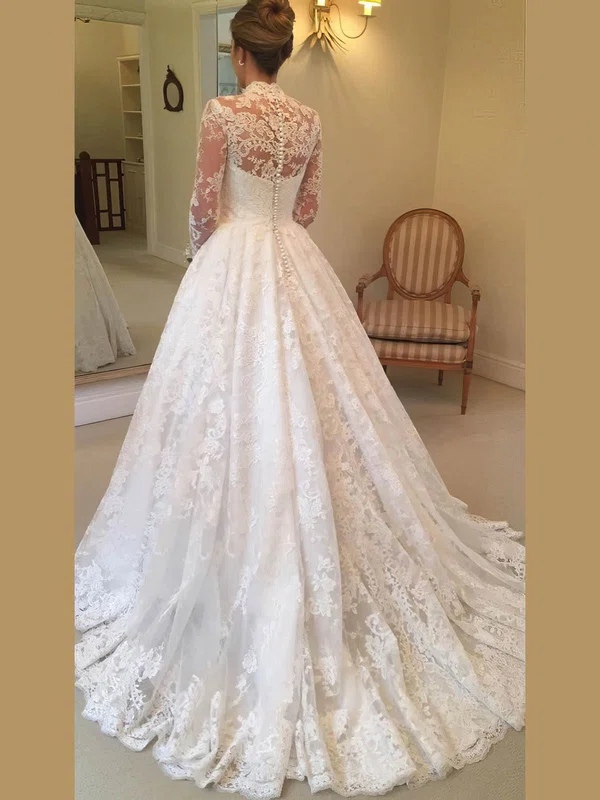 Ball Gown High Neck Tulle Court Train Wedding Dresses With Appliques Lace #UKM00024400
