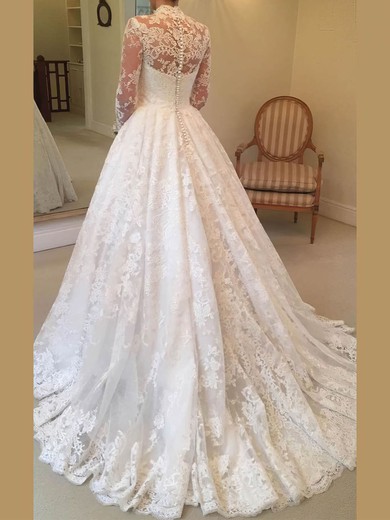 Ball Gown/Princess High Neck Tulle Court Train Wedding Dresses With Appliques Lace #UKM00024400