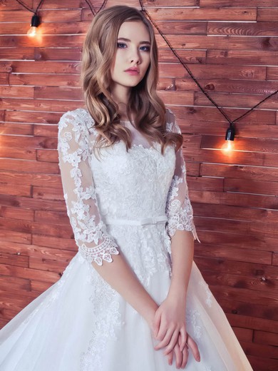 A-line Scoop Neck Tulle Court Train Appliques Lace Wedding Dresses #UKM00024401