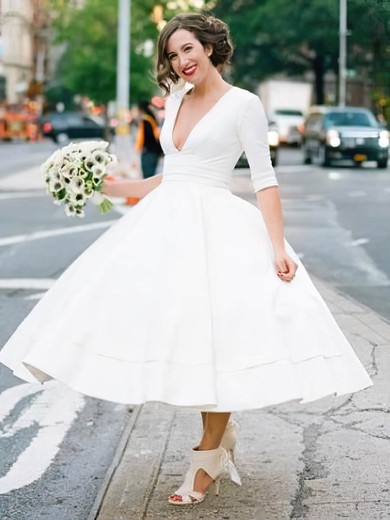 Ball Gown V-neck Satin Tea-length Wedding Dresses #UKM00024408