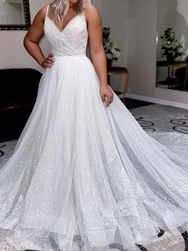 Ball Gown/Princess V-neck Glitter Court Train Wedding Dresses With Appliques Lace #UKM00024410