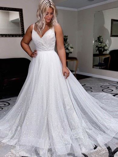 Ball Gown V-neck Glitter Court Train Wedding Dresses With Appliques Lace #UKM00024410