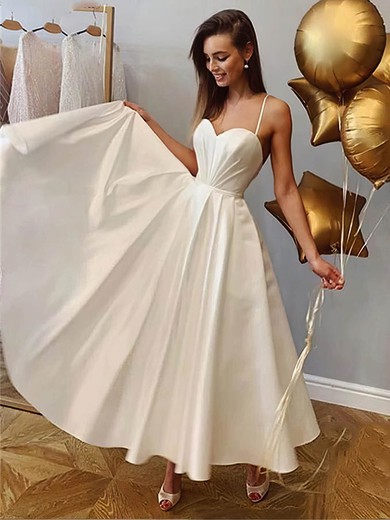 A-line Sweetheart Silk-like Satin Ankle-length Wedding Dresses With Ruffles #UKM00024411