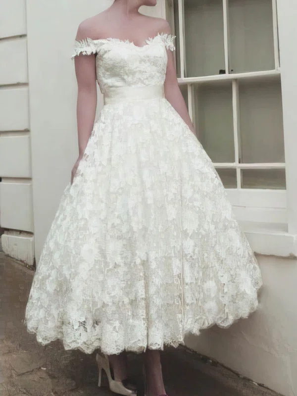 Ball Gown/Princess Off-the-shoulder Lace Tea-length Wedding Dresses With Sashes / Ribbons #UKM00024414