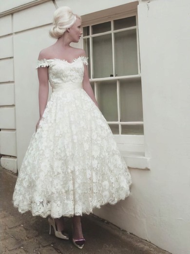 Ball Gown Off-the-shoulder Lace Tea-length Wedding Dresses With Sashes / Ribbons #UKM00024414