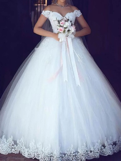 Ball Gown Off-the-shoulder Tulle Court Train Wedding Dresses With Appliques Lace #UKM00024415