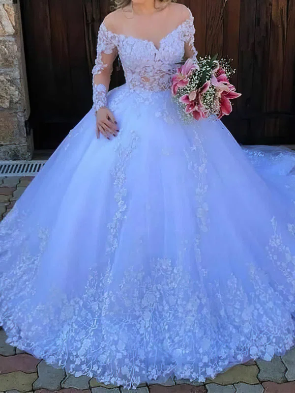 Ball Gown/Princess Illusion Tulle Court Train Wedding Dresses With Appliques Lace #UKM00024416