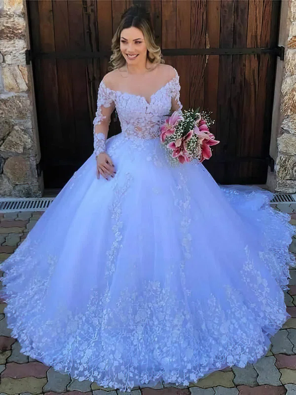 Ball Gown Illusion Tulle Court Train Wedding Dresses With Appliques Lace #UKM00024416