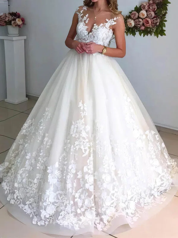 Ball Gown Illusion Tulle Court Train Wedding Dresses With Appliques Lace #UKM00024417