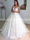 A-line Scoop Neck Tulle Court Train Appliques Lace Wedding Dresses #UKM00024417