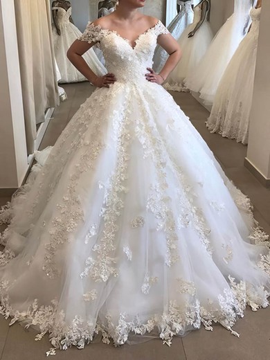 Ball Gown Off-the-shoulder Tulle Court Train Wedding Dresses With Appliques Lace #UKM00024418
