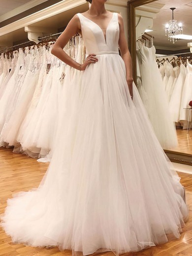 Ball Gown/Princess V-neck Tulle Sweep Train Wedding Dresse #UKM00024419