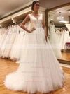 A-line V-neck Satin Tulle Sweep Train Wedding Dresses #UKM00024419