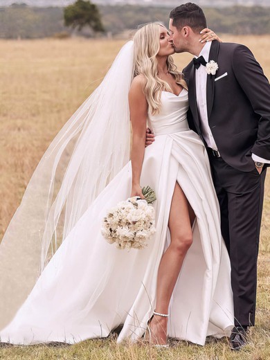 A-line Strapless Satin Court Train Split Front Wedding Dresses #UKM00024420