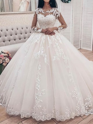 Ball Gown Illusion Tulle Court Train Wedding Dresses With Appliques Lace #UKM00024421