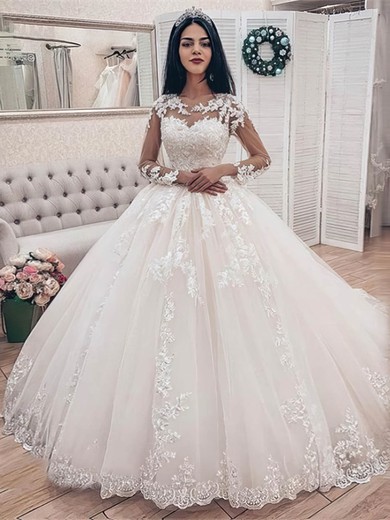Ball Gown Illusion Tulle Court Train Wedding Dresses With Appliques Lace #UKM00024421