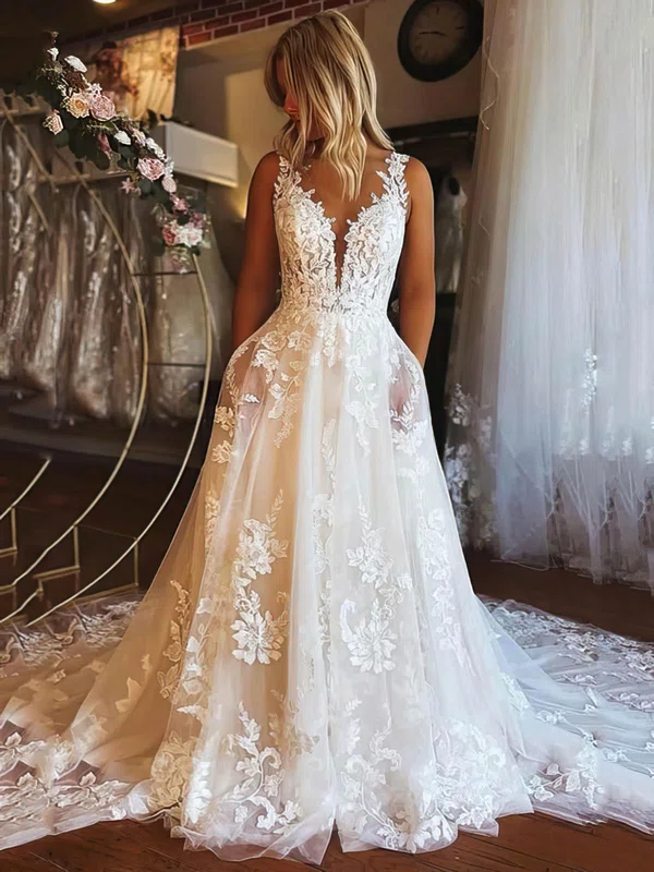 Ball Gown Illusion Tulle Court Train Wedding Dresses With Appliques Lace #UKM00024422