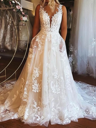 Ball Gown/Princess Illusion Tulle Court Train Wedding Dresses With Appliques Lace #UKM00024422