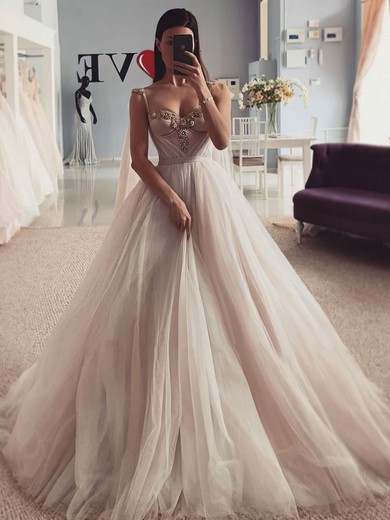 A-line Sweetheart Tulle Court Train Beading Wedding Dresses #UKM00024423
