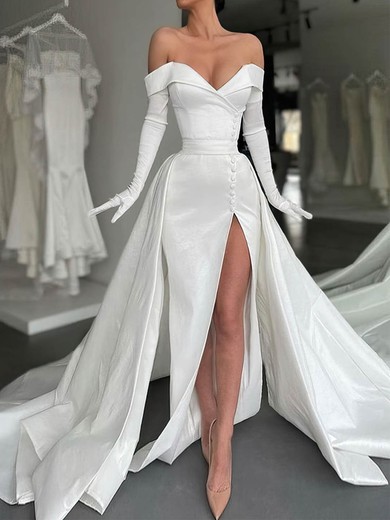 Sheath/Column Off-the-shoulder Satin Sweep Train Wedding Dresses With Split Front #UKM00024424