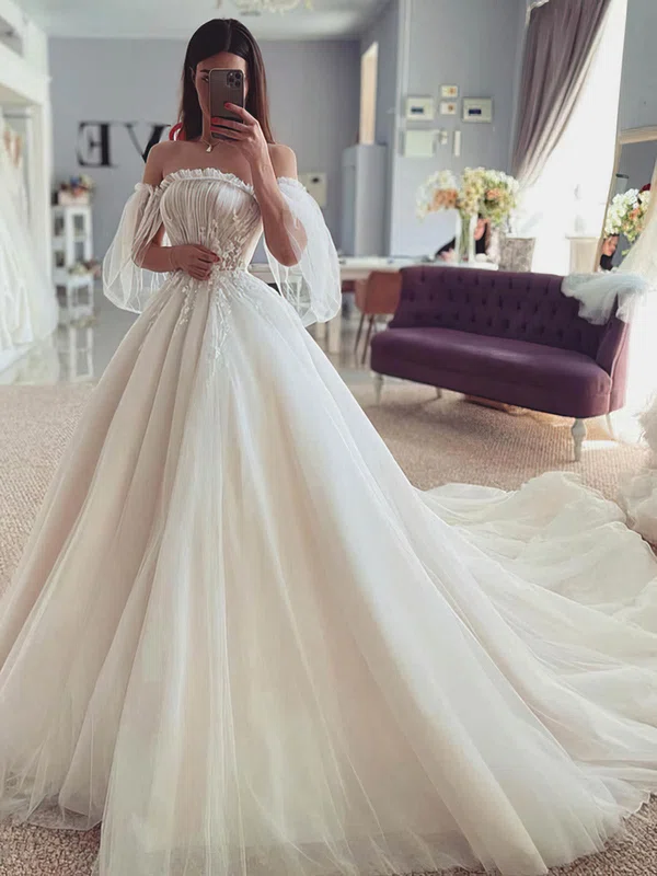 Ball Gown Off-the-shoulder Tulle Court Train Wedding Dresses With Appliques Lace #UKM00024425
