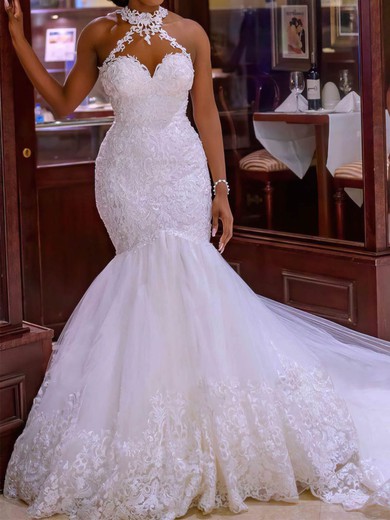 Trumpet/Mermaid High Neck Tulle Court Train Wedding Dresses With Beading #UKM00024426