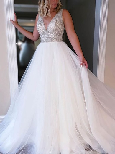 A-line V-neck Tulle Sweep Train Beading Wedding Dresses #UKM00024434