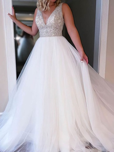 Ball Gown/Princess V-neck Tulle Sweep Train Wedding Dresses With Beading #UKM00024434