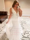 A-line V-neck Tulle Sweep Train Appliques Lace Wedding Dresses #UKM00024436