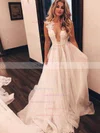 A-line Scoop Neck Tulle Court Train Appliques Lace Wedding Dresses #UKM00024437