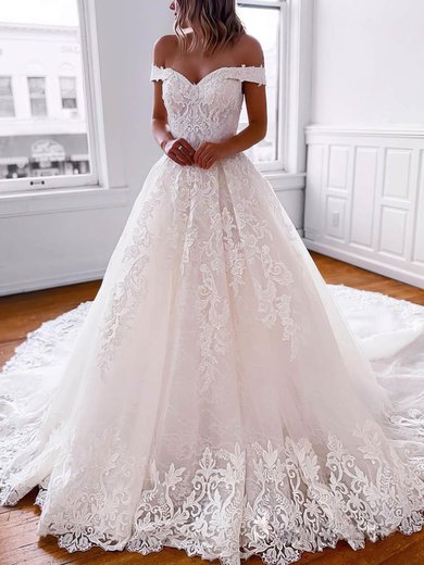 A-line Off-the-shoulder Tulle Court Train Beading Wedding Dresses #UKM00024439