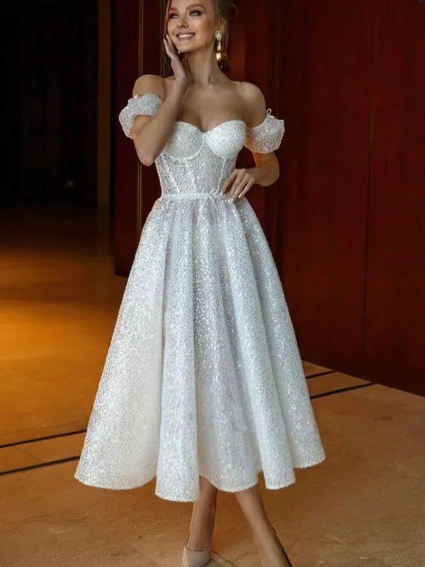 Ball Gown Off-the-shoulder Glitter Tea-length Wedding Dresses #UKM00024441