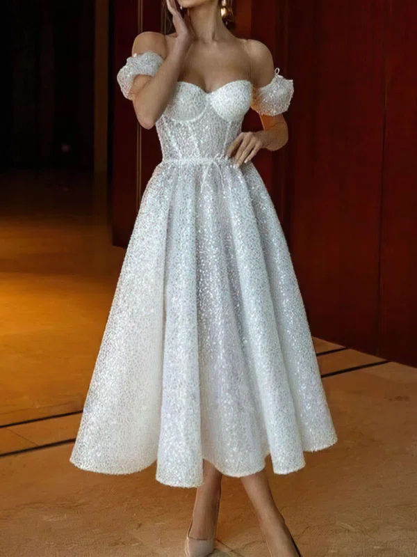 Ball Gown/Princess Off-the-shoulder Glitter Tea-length Wedding Dresses #UKM00024441