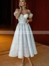 A-line Off-the-shoulder Sequined Tea-length Wedding Dresses #UKM00024441