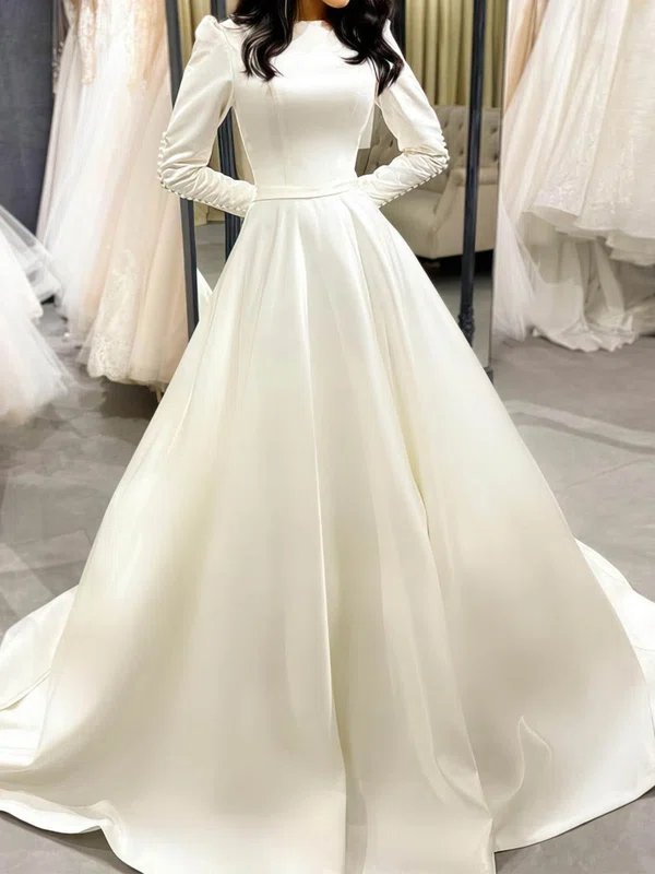 Ball Gown/Princess Scoop Neck Satin Court Train Wedding Dresses With Buttons #UKM00024443