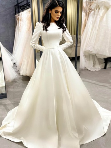 A-line Scoop Neck Satin Court Train Buttons Wedding Dresses #UKM00024443