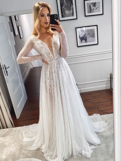 A-line V-neck Glitter Sweep Train Wedding Dresses #UKM00024446