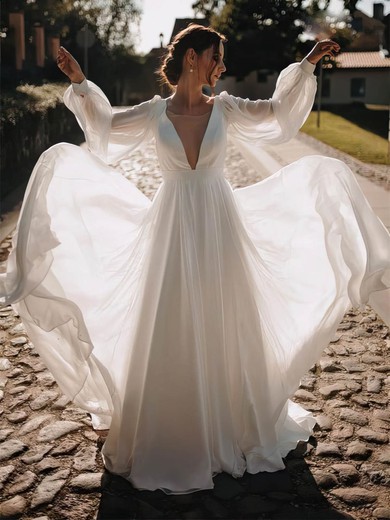A-line Illusion Chiffon Sweep Train Wedding Dresses #UKM00024447
