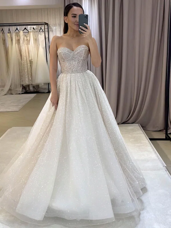 A-line Sweetheart Glitter Sweep Train Wedding Dresses #UKM00024448