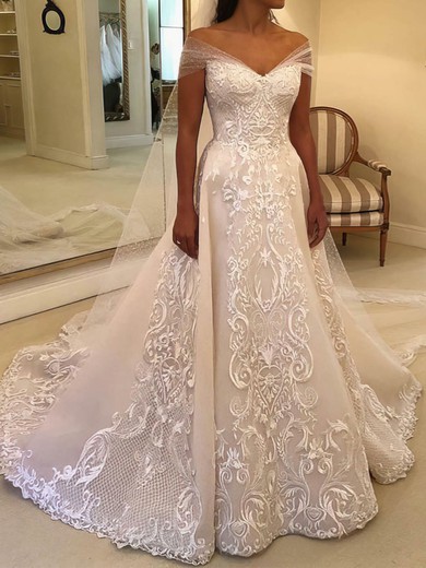 Ball Gown/Princess Off-the-shoulder Tulle Court Train Wedding Dresses With Beading #UKM00024449