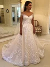 A-line Off-the-shoulder Tulle Court Train Beading Wedding Dresses #UKM00024449