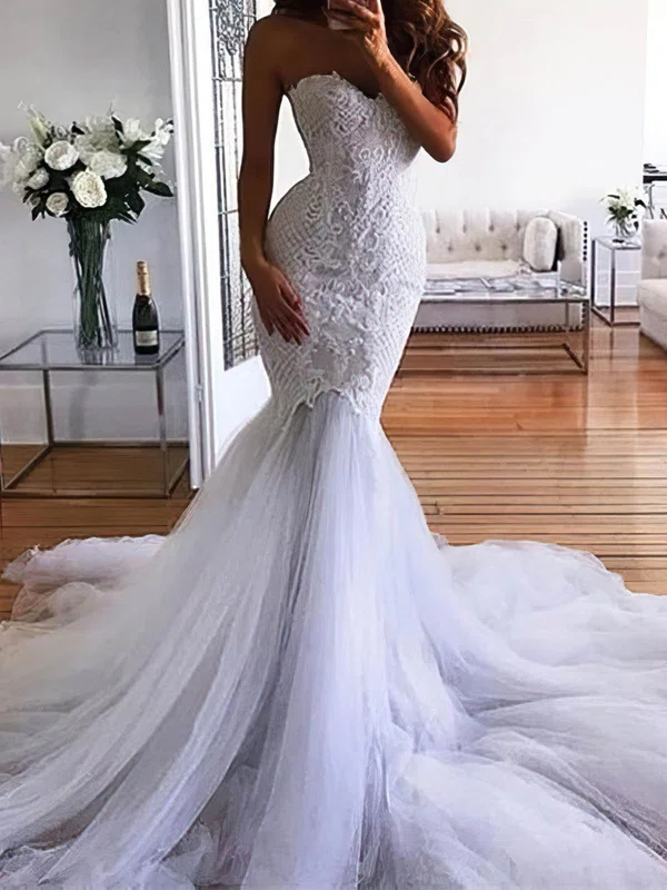 Trumpet/Mermaid Sweetheart Tulle Court Train Wedding Dresses With Appliques Lace #UKM00024450